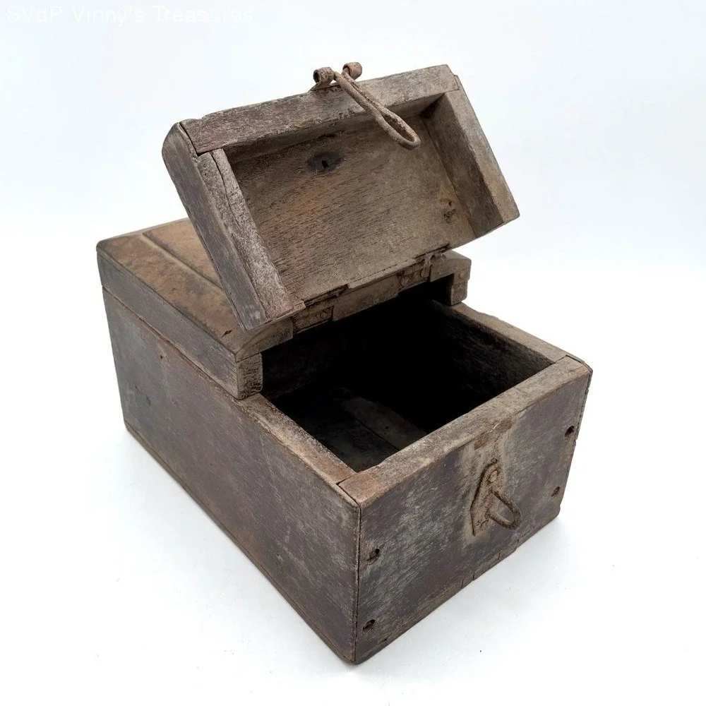 Antique Primitive Handmade Wooden Box Divided Storage Chest 19th Century